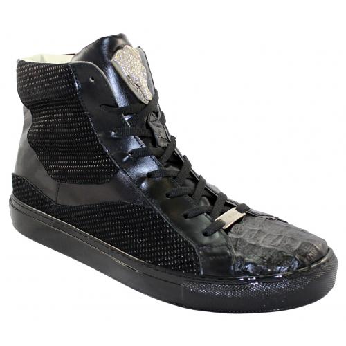 Fennix Italy 3246 Black Genuine Hornback Crocodile / Suede Print Sneakers.